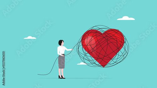 mood reset, relieve stress or fatigue, eliminate problems that hinder a good mood, woman removes messy lines on the heart to restore a good mood