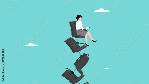 having multiple job, woman employees with many job positions work on projects on piles of office chairs