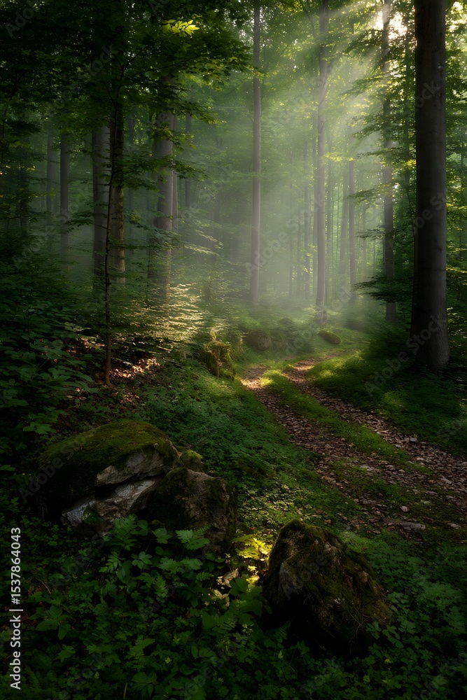 Fototapeta premium Sunlight streams through a misty forest.