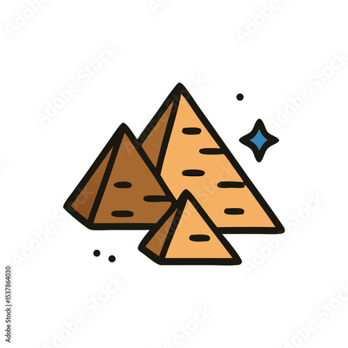 Illustration of three pyramids, varying in size, with a blue star on a white background.
