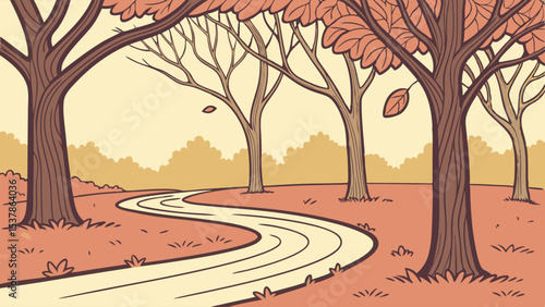Autumnal Path: Stylized Forest Landscape with Falling Leaves