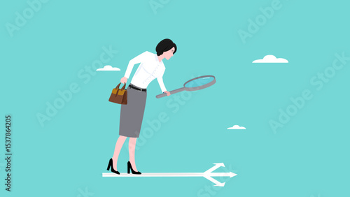 Finding career path to success, find strategies to achieve success, find strategies to achieve success, Business woman analyzes several career paths using a magnifying glass