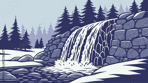 Cascading Waterfall Over Stone Wall, Winter Forest Landscape, Stylized Illustration.