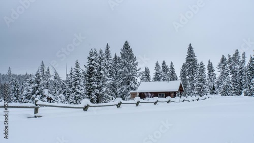 Cabin in deep snow timelapse