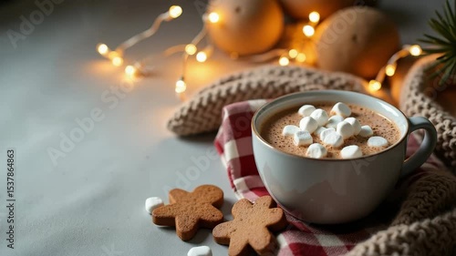 Cozy Scene with Hot Chocolate, Marshmallows, Gingerbread Cookies, and Warm Lights Creating Festive and Warm Atmosphere