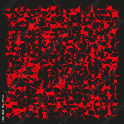 Red stars surface. Chaotic spiked background. Bright shape contrast. Vector angular texture.