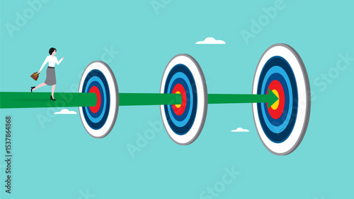 step to reach success or achievement, Short term, mid-term and long term goals, stages to achieve greater success, business woman running to short, medium and long term success target