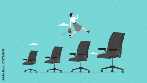 job promotion or career development, career growth or salary increase concept, progress to career success in work, success business woman or employee jump past growing office chair vector illustration