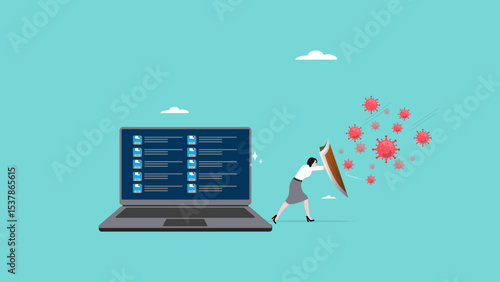protective shield company data security from cyber attacks, woman uses a protective shield to prevent viruses from attacking company data on laptop computers, protection from threat illustration