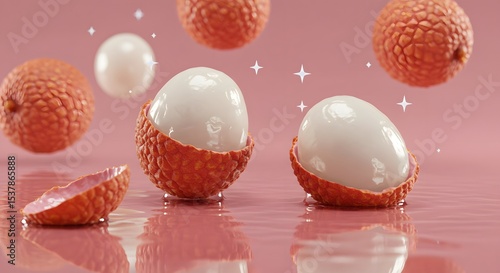 Wallpaper Mural Fresh Lychee Fruits Floating on a Pink Background with Water Droplets and Glitter Torontodigital.ca