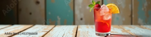 Wallpaper Mural Vibrant cocktail garnished with fruit on white wood , refreshing, ice, white background Torontodigital.ca