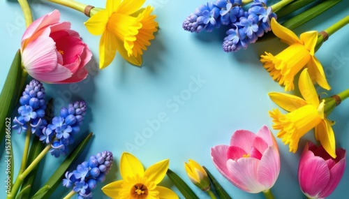Wallpaper Mural Vibrant floral flatlay Daffodils & hyacinths Water droplets Copy space , colorful, glass, springtime Torontodigital.ca