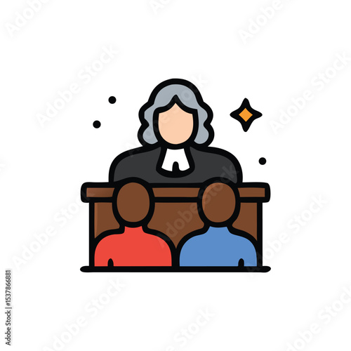 Illustration of a judge in a courtroom presiding over two people, with a wooden desk and a star graphic.