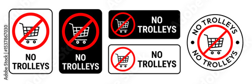 No trolleys sign. Shopping cart ban icon. Shopping cart is prohibited. Stop or ban red round sign with shopping cart icon. Vector illustration. No shopping cart icons set.
