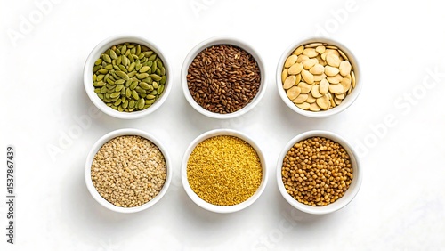 Assorted healthy seeds and grains in six white ceramic bowls arranged on white background
