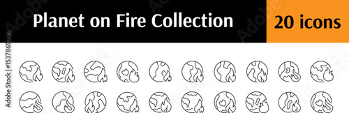 Planet on Fire Line Icon Bundle. Outline Signs for Graphic and Web Design, Apps, Adverts, Various Cards