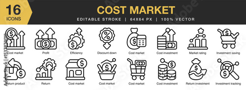 Cost Market icon set. Editable Stroke Icon Collection. Includes business, finance, cost, economy, investment, money, and More. Outline icons vector collection.