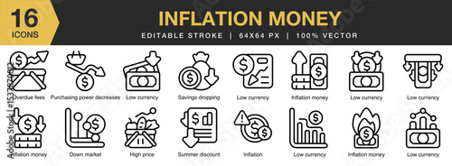 Inflation Money icon set. Editable Stroke Icon Collection. Includes inflation, money, economy, currency, cash, and More. Outline icons vector collection.