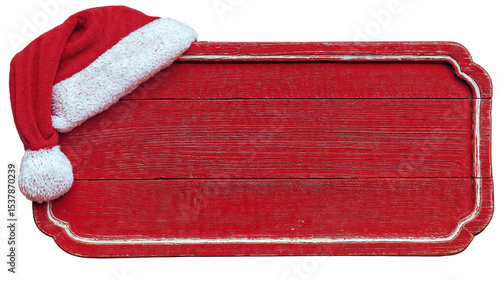 Empty red wooden sign with Santa Claus hat in corner, perfect for holiday messages, Christmas announcements, or festive greeting displays