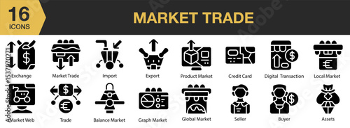 Market Trade solid icon set. Includes exchange, stock, growth, data, analysis, and More. Solid icons vector collection.