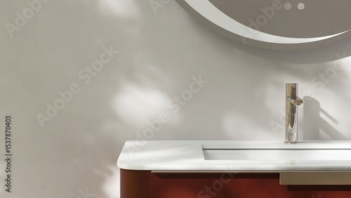 Фотография White marble vanity top, maroon red bathroom counter, undermount washbasin, blac