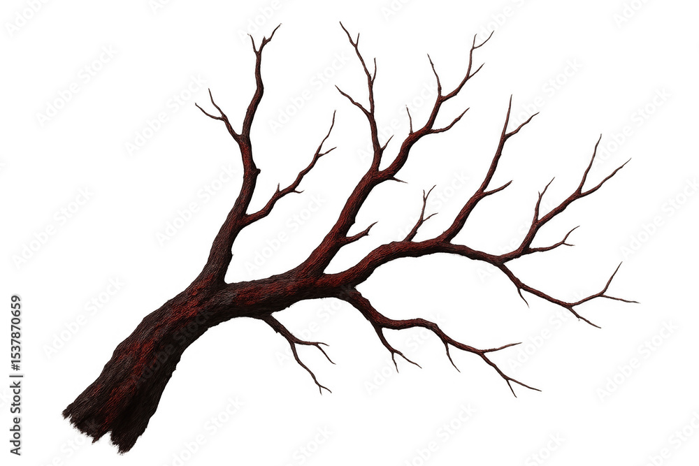 Obraz premium Photorealistic 3d rendering of a red bare tree branch extending into the frame, set against a transparent background