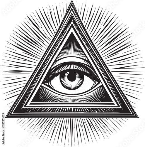 A mystical black and white vector of an all-seeing eye inside a triangle, used in spiritual or secret society symbolism.
