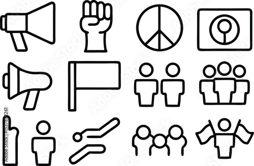 Protest rally outline icon set isolated on transparent background
