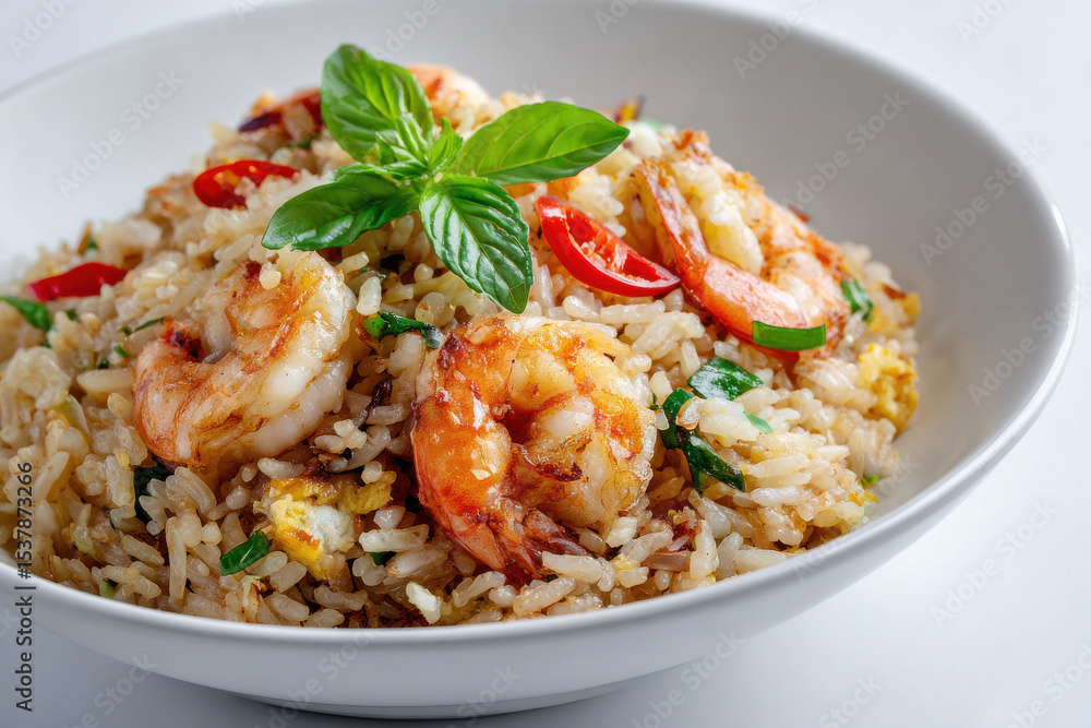 Fried rice with shrimp on white background Fried rice with shrimp on white background