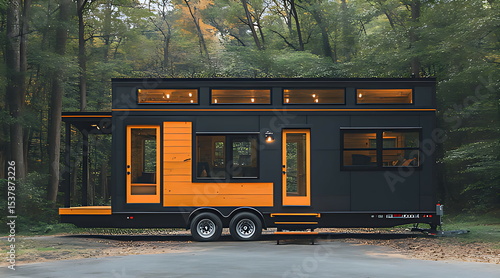 modern tiny house wheels parked forest setting