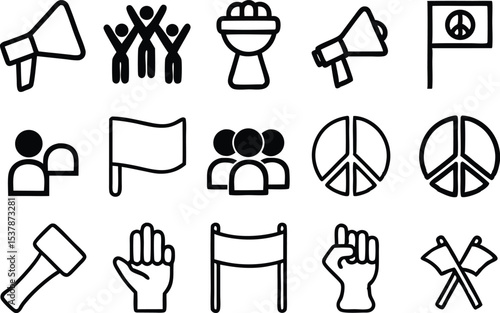 Protest rally outline icon set isolated on transparent background