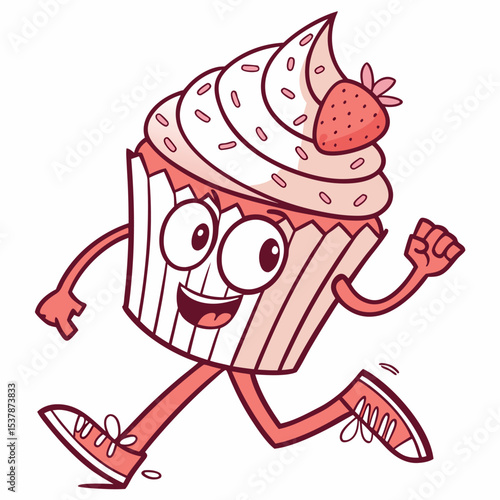 Delightful cartoon cupcake with strawberry and sprinkles is happily running on a white background