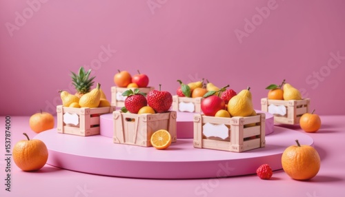 Colorful fruit arrangement in wooden crates on a pink background.