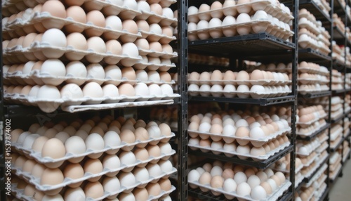 Shelves stacked with various eggs in a storage facility.