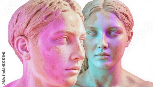 Two stylized sculptures of faces in vibrant colors.