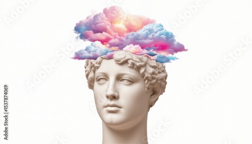 Sculpted head with colorful clouds representing creativity and imagination.