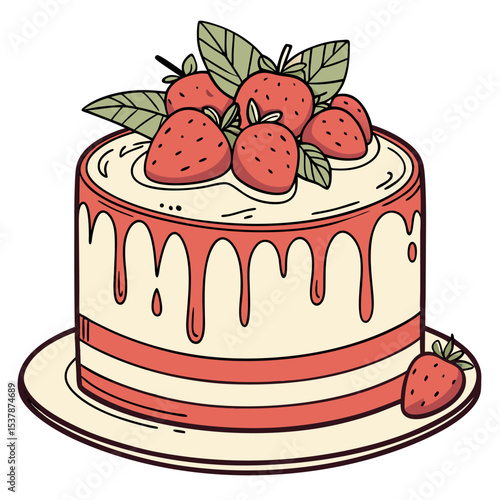 Round cake with vanilla frosting, strawberry drizzle, and fresh strawberries adorn a plate