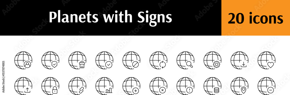 Fototapeta premium Plus, Heart, Loupe etc by Planet Line Icon Collection. Outline Signs for Graphic and Web Design, Apps, Adverts, Various Cards