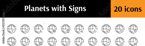 Bundle of Plus, Heart, Loupe etc by Planet Related Line Icons.  Outline Signs for Graphic and Web Design, Apps, Adverts, Various Cards