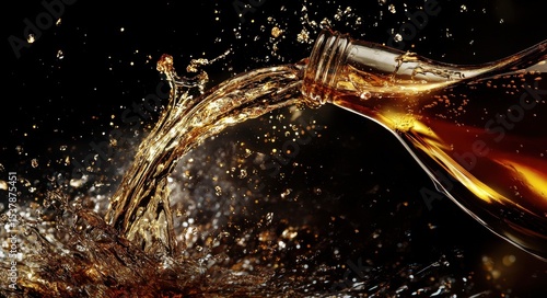 Whisky Pouring. Alcoholic Beverage Bottle Pouring into Shot Glass with Splashing Drink