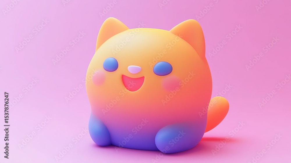 Cute gradient cartoon cat with orange - pink - purple colors, blue eyes, nose, paws, pink cheeks and smiling face on pink gradient background Cute gradient cartoon cat with orange - pink - purple colors, blue eyes, nose, paws, pink cheeks and smiling face on pink gradient background