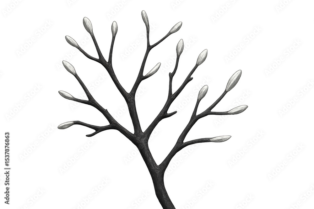 Obraz premium Silver buds growing on dark branch with transparent background, perfect for spring and easter projects