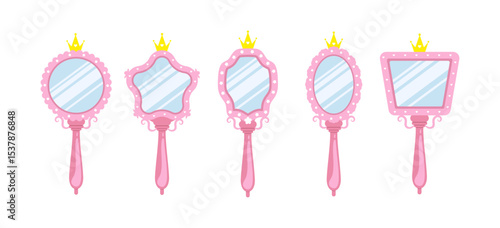 Princess mirror. Set of Elegant handheld pink mirrors with golden crowns. Female antique decoration with cute vintage ornament. Vector illustration in flat cartoon style.