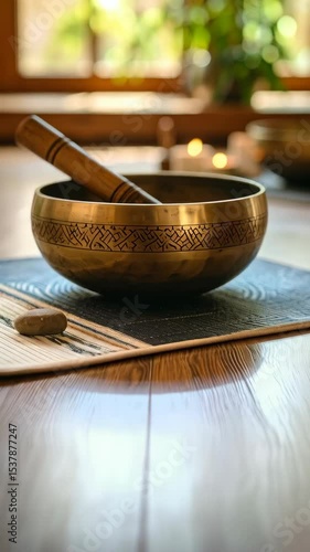 Close-up of brass singing bowl with wooden mallet on yoga mat in spa treatment room for meditation and relaxation.