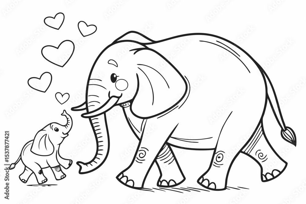 Naklejka premium coloring page for kids, a mother elephant walking with her small baby, their trunks are touching, lovely scene, thick outlines, black and white
