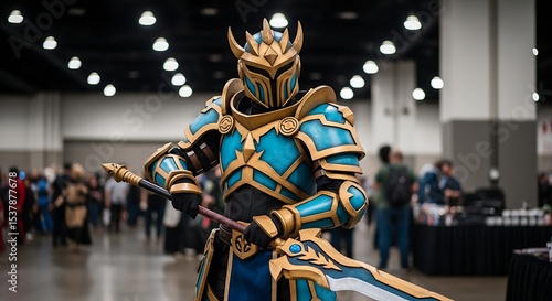 Detailed Cosplay of Fantasy Knight with Sword at Crowded Convention Hall