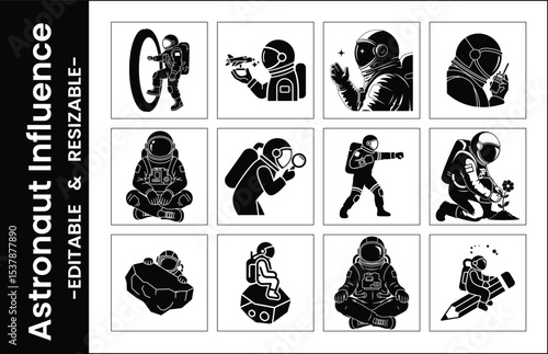 Vector Silhouettes Of Astronauts In Space Suits Performing Various Activities Black And White