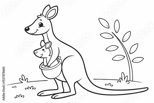 coloring page for kids, a mother kangaroo with a baby joey peeking out of her pouch, cute and simple, thick outlines, black and white