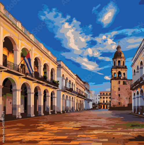 A digitally illustrated scene of a historical city square with classical European architecture, arches, and a bell tower under a vibrant blue sky. The style is vector or poster-like with bold