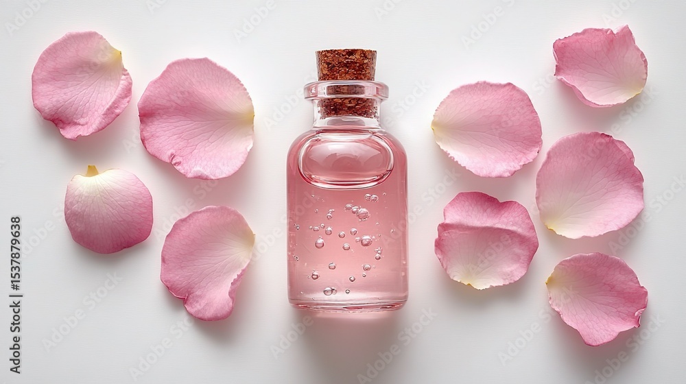 A transparent perfume bottle with pink liquid, surrounded by pink rose petals on a pure white background, creating a fresh and romantic perfume product display vibe A transparent perfume bottle with pink liquid, surrounded by pink rose petals on a pure white background, creating a fresh and romantic perfume product display vibe